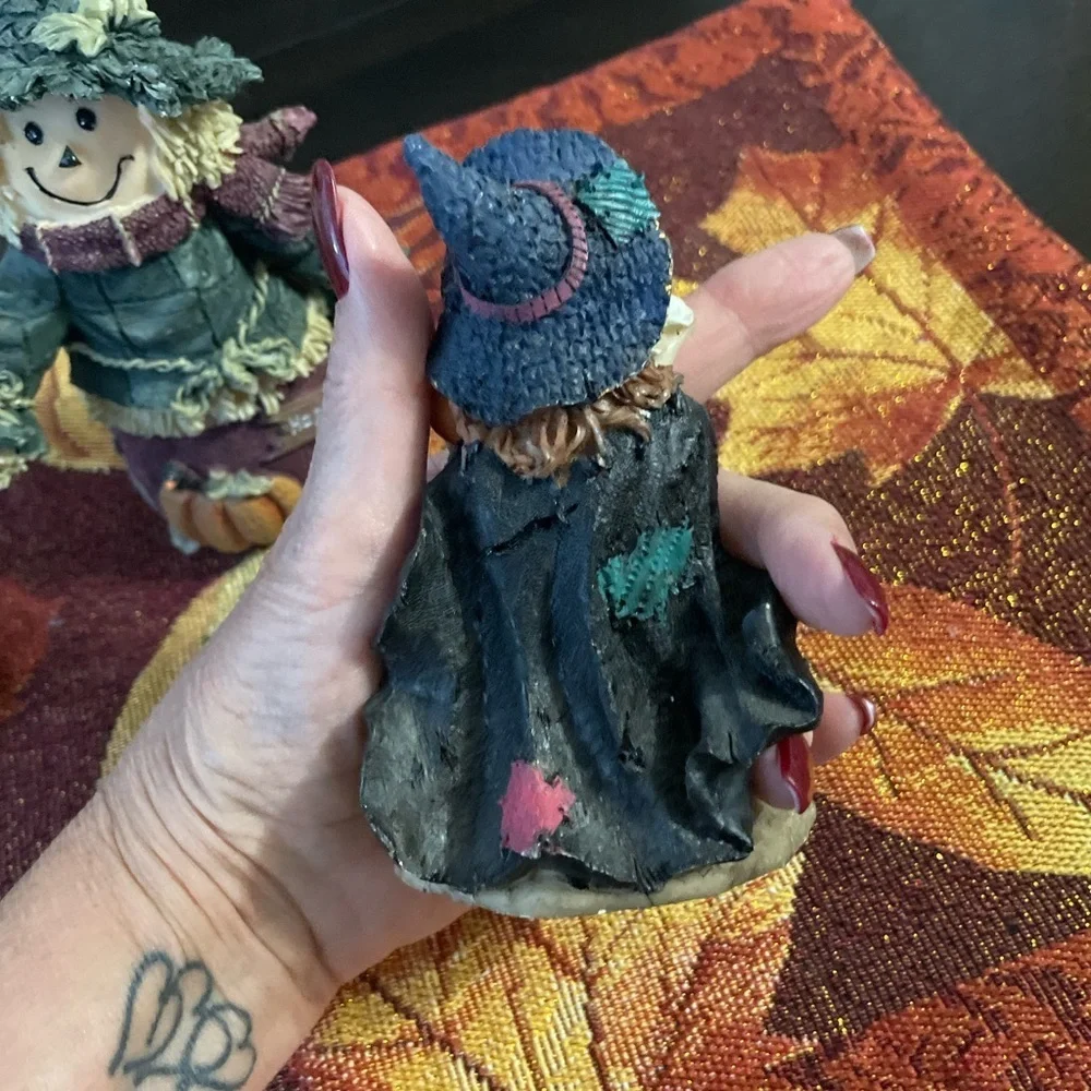 Whimsical Witch & Scarecrow Figurines with fall placemat decor